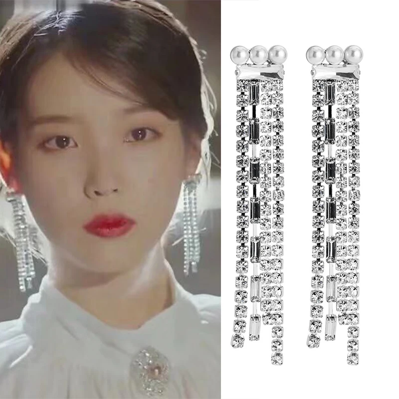

Fashion New Korean Star TV Simulated Pearl Zircon Chain Drop Tessal Earrings Geometric Elegant Pendientes Girl Jewelry Gifts
