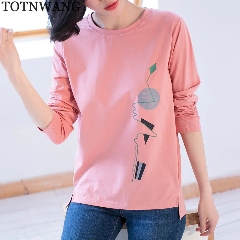 

New 2019 Autumn Cotton t-shirt women Printed long sleeve Split Side T shirt Women casual Plus Size loose T shirt Female Tops 4XL