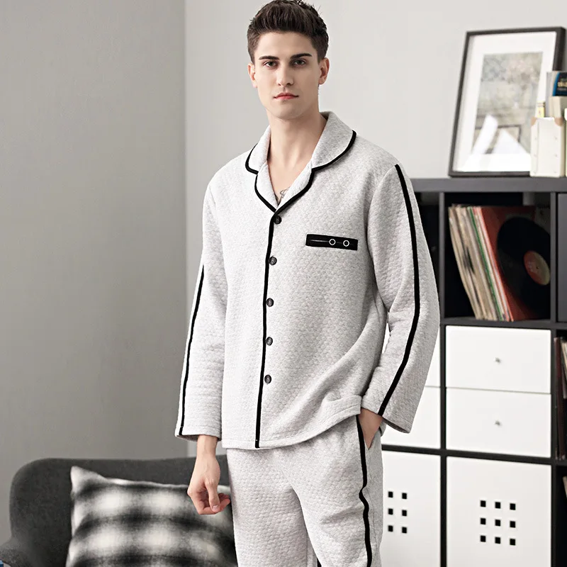 Men Pajamas Set Winter Luxury 100% Cotton Soft Thicken Homewear Warm Sleepwear Pyjama Set Plus Size Thermal Home Clothing