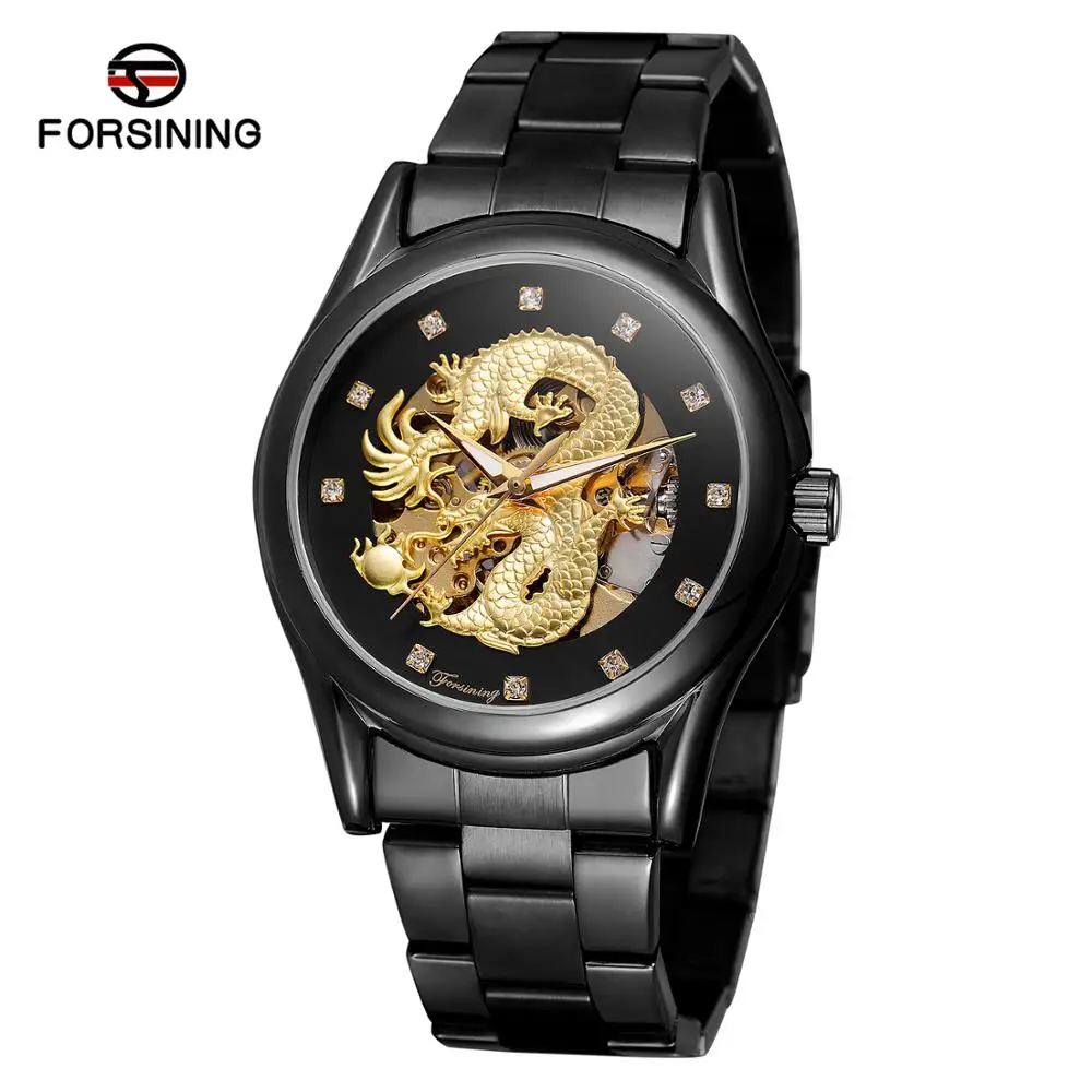 

Forsining Chinese Dragon Design Diamond Dial Black Golden Men Watch Luminous Hands Luxury Waterproof Mechanical Watch