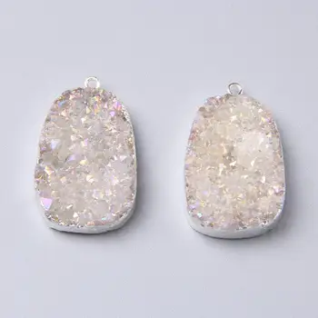

Silver Color Metal Natural AB white crystal Quartz Druzy Stone Pendant charm 3.7x2.3cm For Jewelry Making Accessorie wholesale