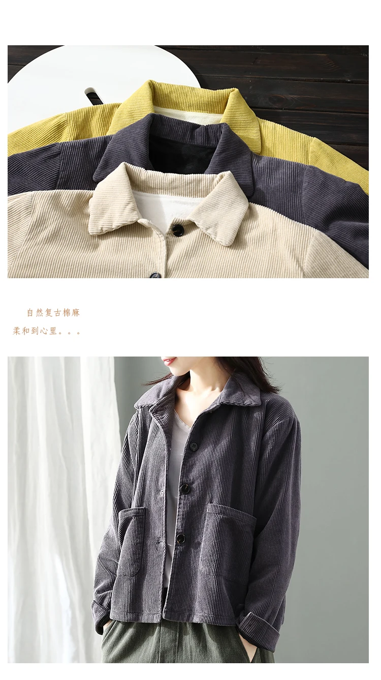 Winter New Style Solid Color Thick Cropped Jacket Corduroy Long Sleeve plus Velvet Cotton-padded Clothes Loose Warm Corduro