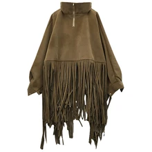 Возможно у женщин черный хаки рукав "летучая мышь" искусственная шерсть пальто накидки стоячий воротник молния пуловер с кисточками пальто зима C0421