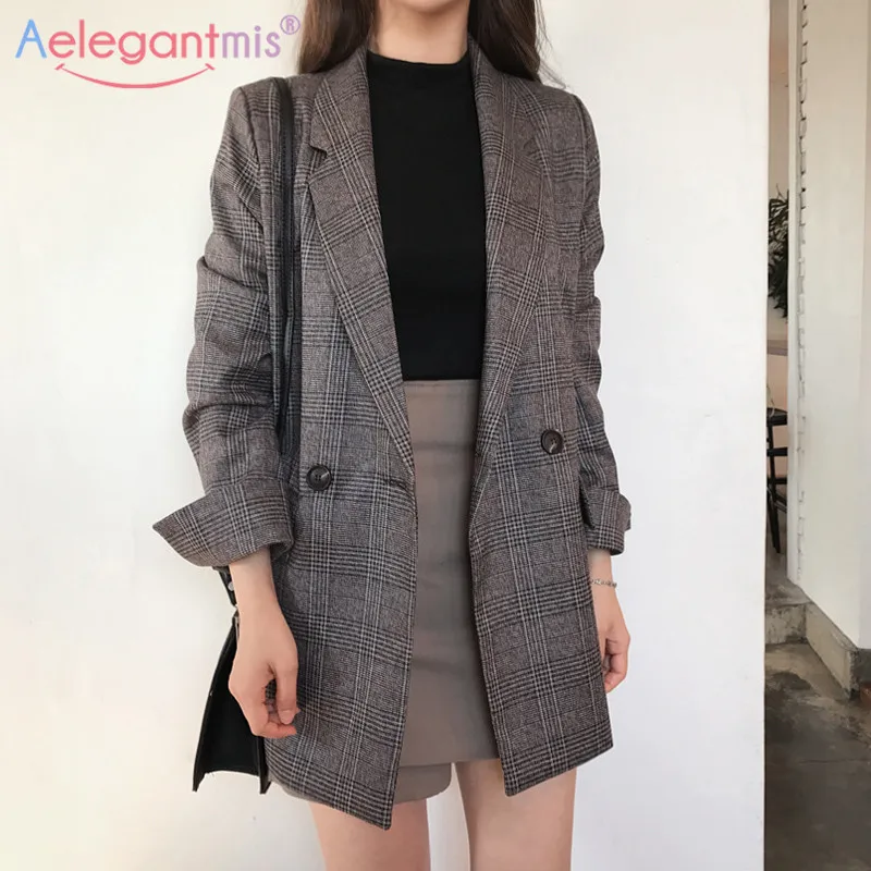 Женский блейзер в клетку Aelegantmis винтажный двубортный пиджак для работы и офиса