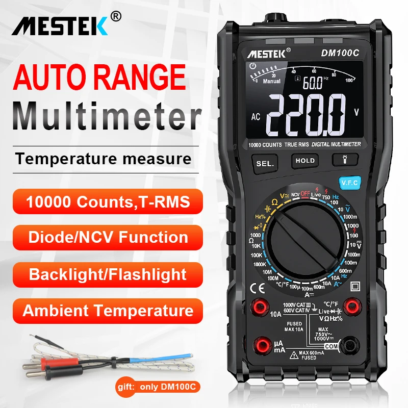 Digital Multimeter 10000 Counts AC/DC Ammeter Fuse Alarm Diode Volt Ohm Tester Meter Multimetro With Thermocouple LCD Backlight