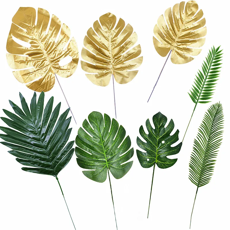 5/10pcs Artificial Gold Green Turtle Leaf Scattered Tail Leaf Fake Silk Plant For Wedding Birthday Party Home Decor Palm Leaves