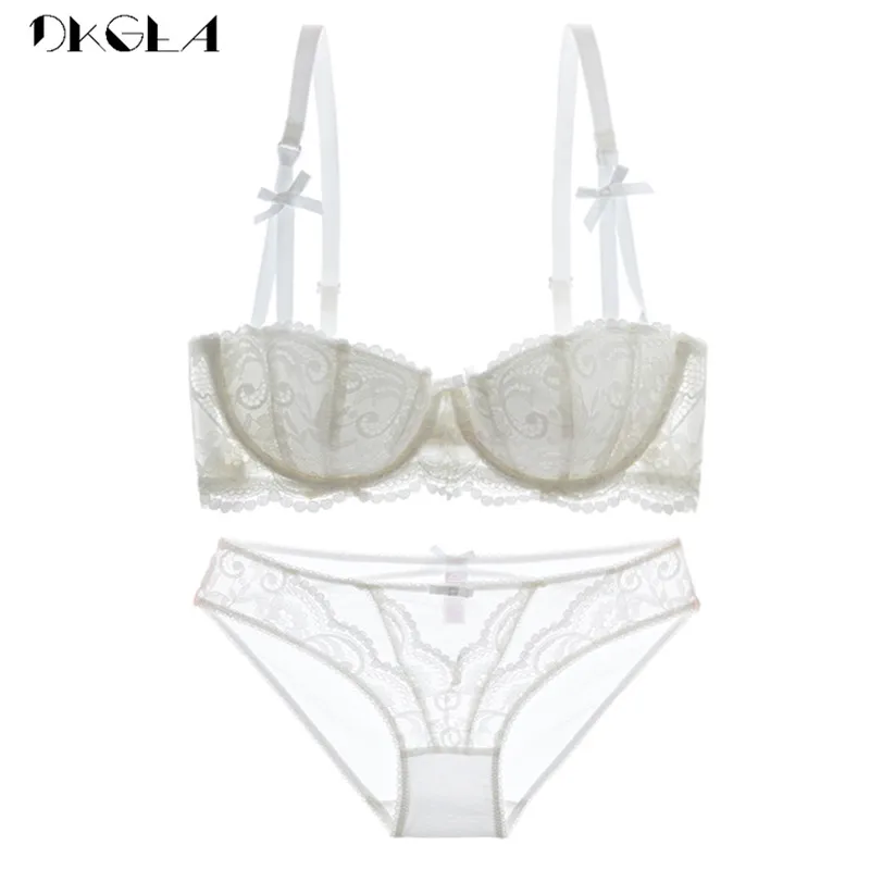 Brand Half Cup Bra Set Women Lingerie Embroidery White Brassiere Thin Cotton Push Up Bras Sexy Lace Underwear Set A B C D Cup