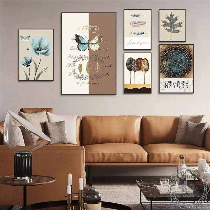

Vintage Plant Leaf Flower Canvas Painting Abstract Blue Butterfly Wall Art Poster Print Nordic Living Room Decoration Pictures
