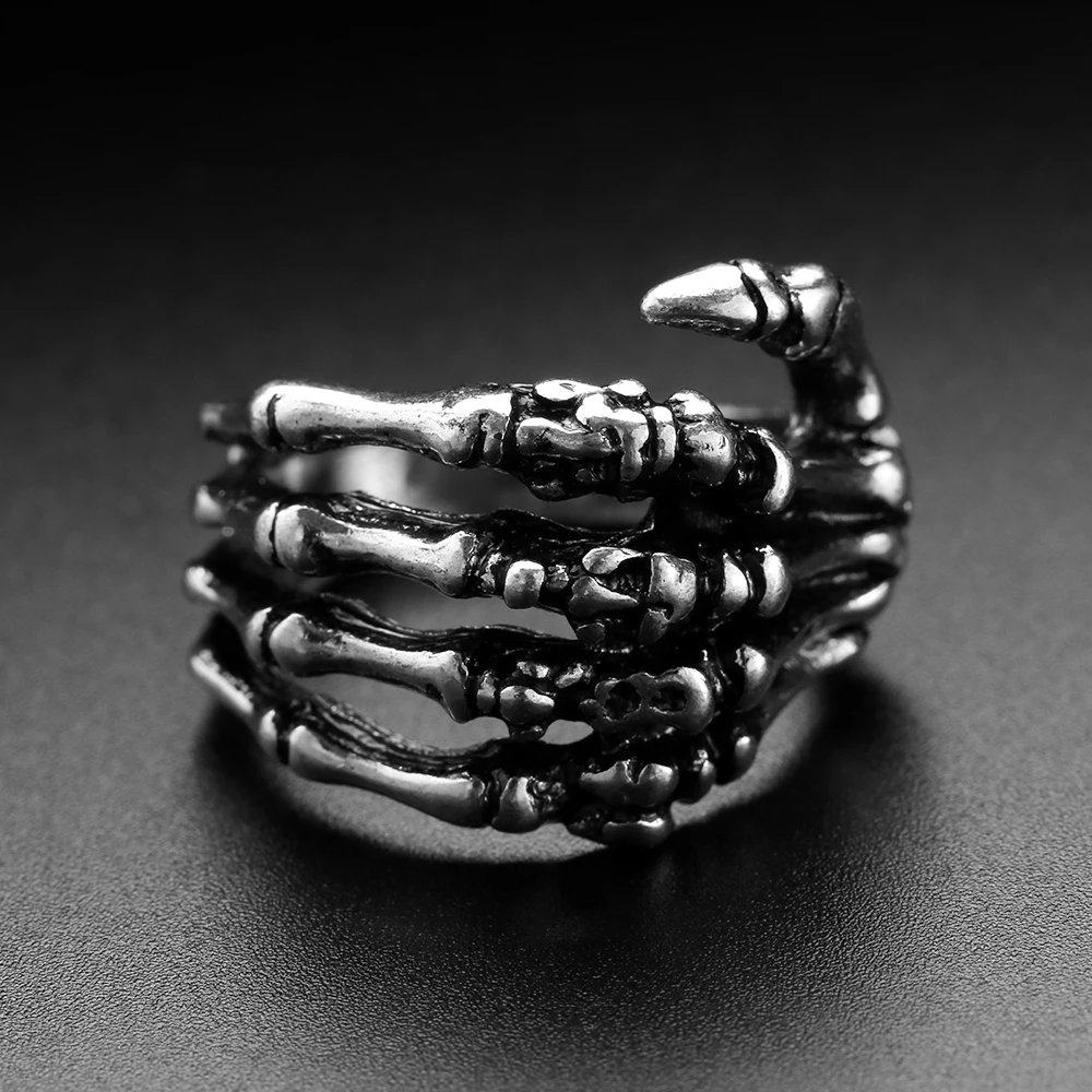 Men's Stainless Steel Ring Gothic Skull Skeleton Hand Bone Finger Punk Rock Ring Hip Hop Fashion