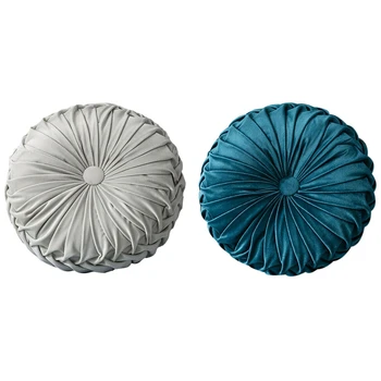 

2 Pcs Round Floor Luxury Velvet Pumpkin Pleated Cushion Pouf Cover Throw Pillow Home Sofa Mat, Navy Blue & Light Grey