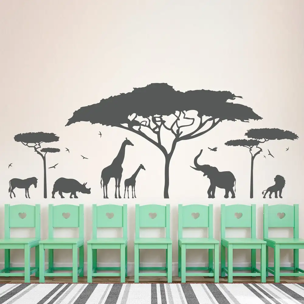 African Safari Wall Decal Wild animal Nature Giraffe Elephant Nursery Decor Vinyl kids Room Mural Z818 | Дом и сад