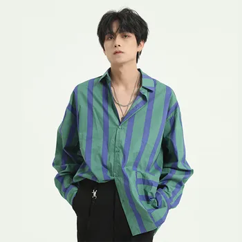 

New Men Long Sleeve Casual Stripe Shirt Male Vintage Fashion Streetwear Loose Dress Shirts