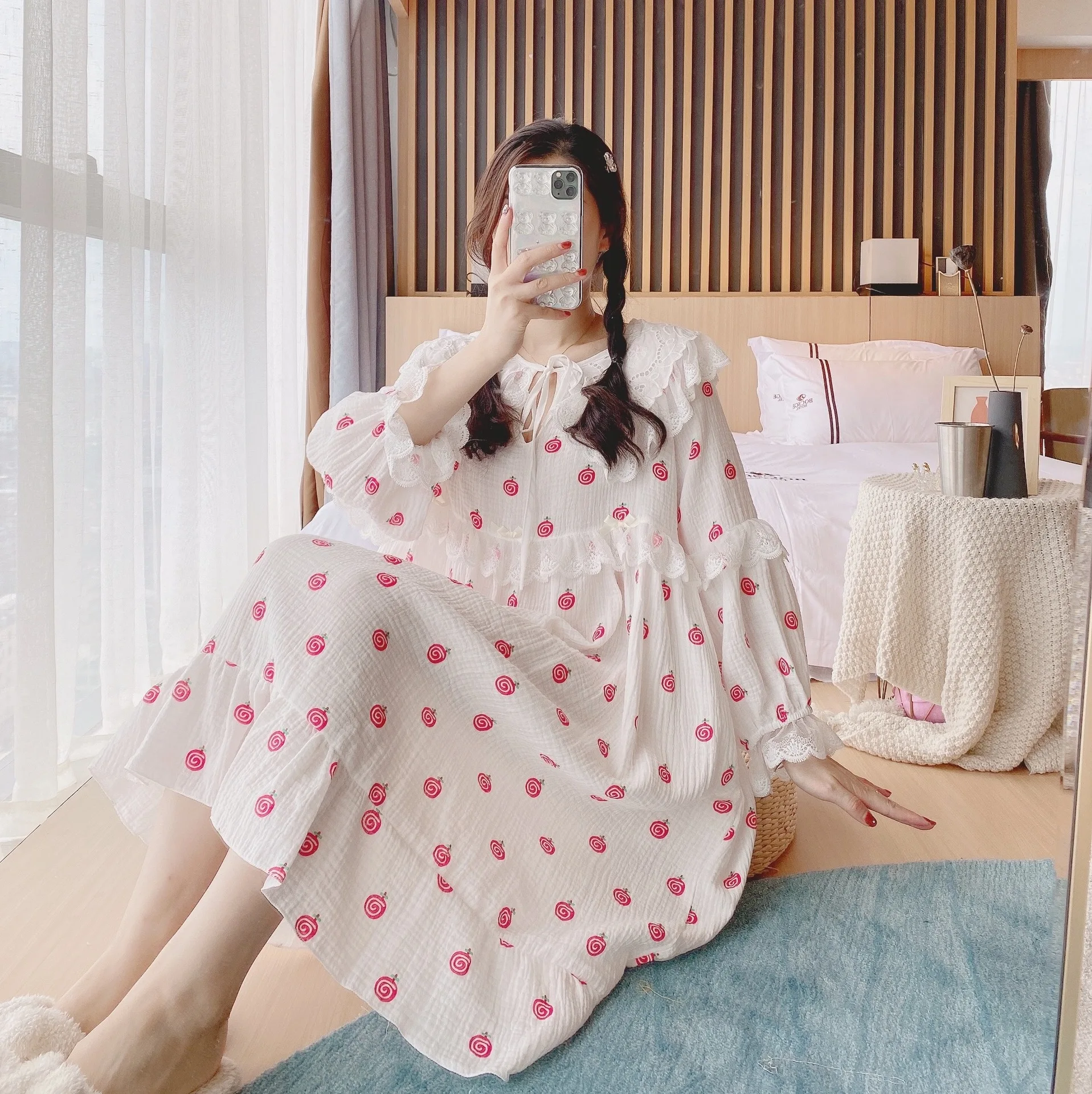 

Женская ночная рубашка из чистого хлопка, с длинным рукавом