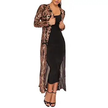 Image of African  Women's Casual Long Sweater Cardigan Evening Party Women Sexy Sequin Perspective Long Sleeve Maxi Coat Gown Cardiga