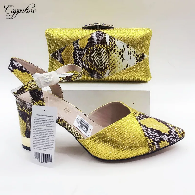 

Excellent yellow Italian design high heel pointed toe shoes and purse bag set 2096-2 heel height 8.5cm