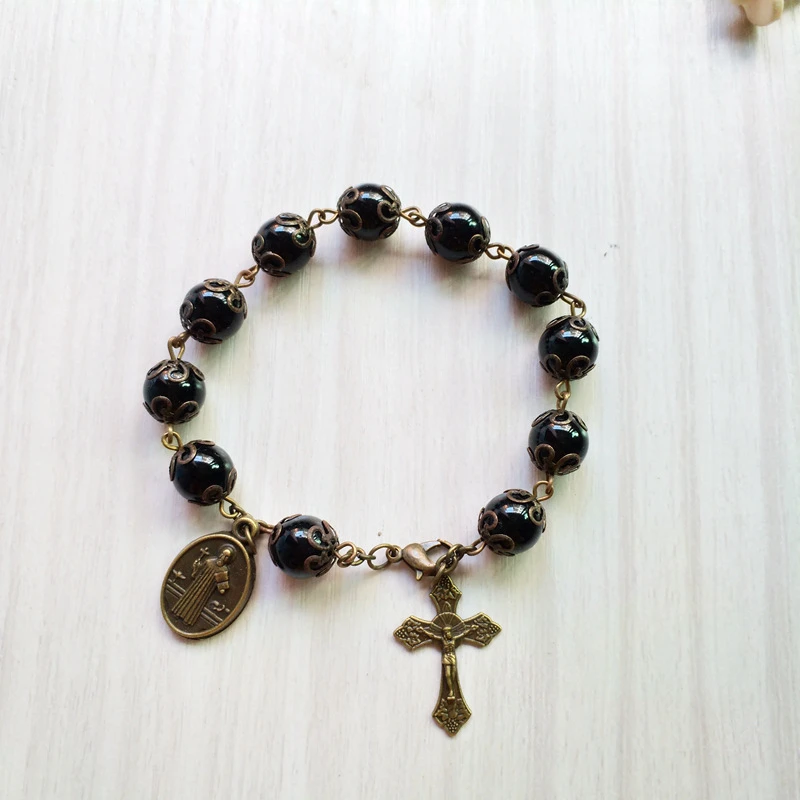 Qtigo pulsera cuentas de cristal negro para hombre y mujer, joyería religiosa, con forma cruz, con de hilo| -