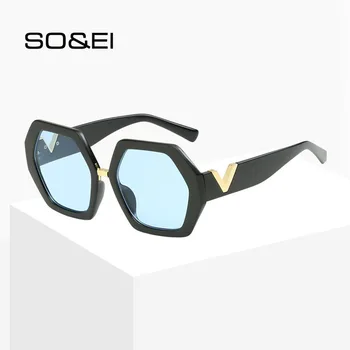 

SO&EI New Fashion Oversized Polygonal Irregular Sunglasses Women Vintage Tinted Clear Lens Eyewear Men Sun Glasses Shades UV400