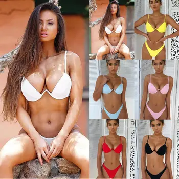 

2019 New Fashion 2pcs Sexy Women Set Push-up Padded Bra Solid Swimsuit -Swimwear Beachwear