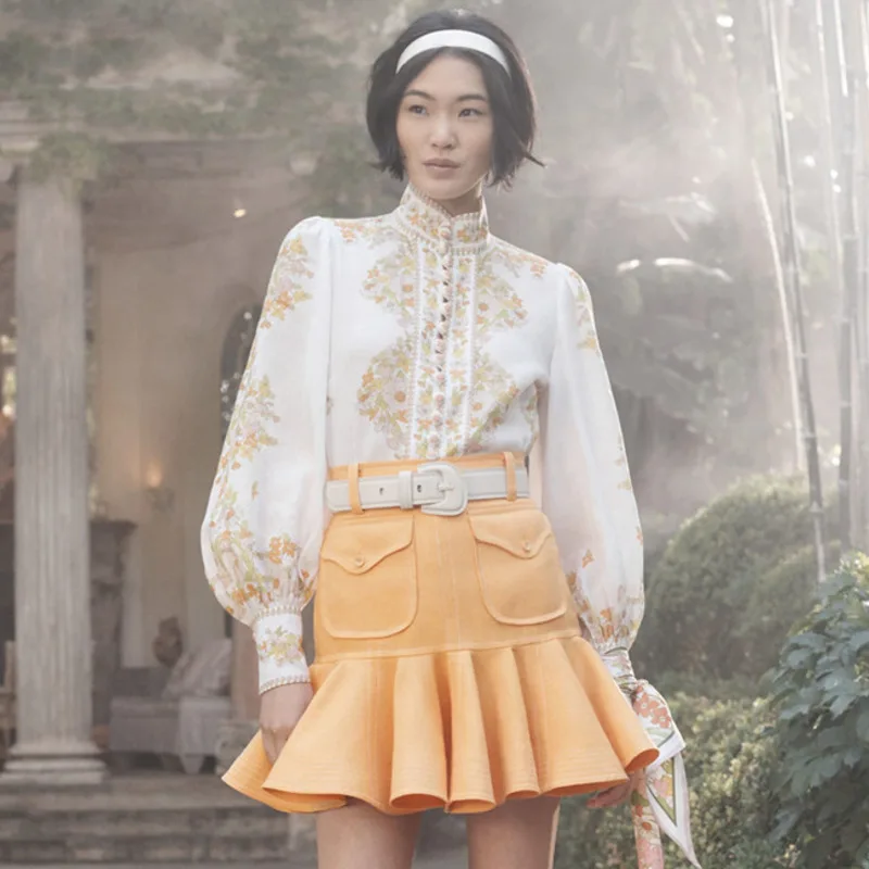 

DEAT Printed Stand Collar Long Sleeve Decorative Button Woman Shirt Casual Retro Wild Simple Fashion 2019 Autumn New TV407