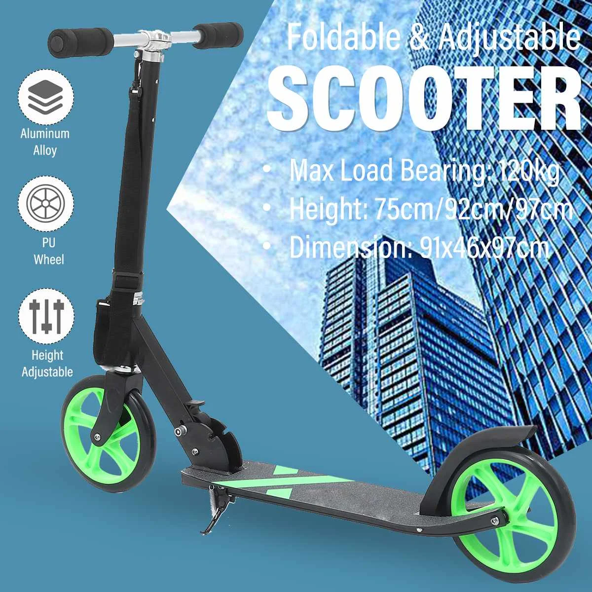 Aluminum Alloy Foldable Scooter Road Ride Adjustable Height Foot Kick Scooter Back Brake Adult