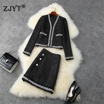 

High Quality Luxury Beading Tweed Woolen Jacket and Skirt 2 Piece Set Women Autumn Winter Office Lady Outfit Runway Suit