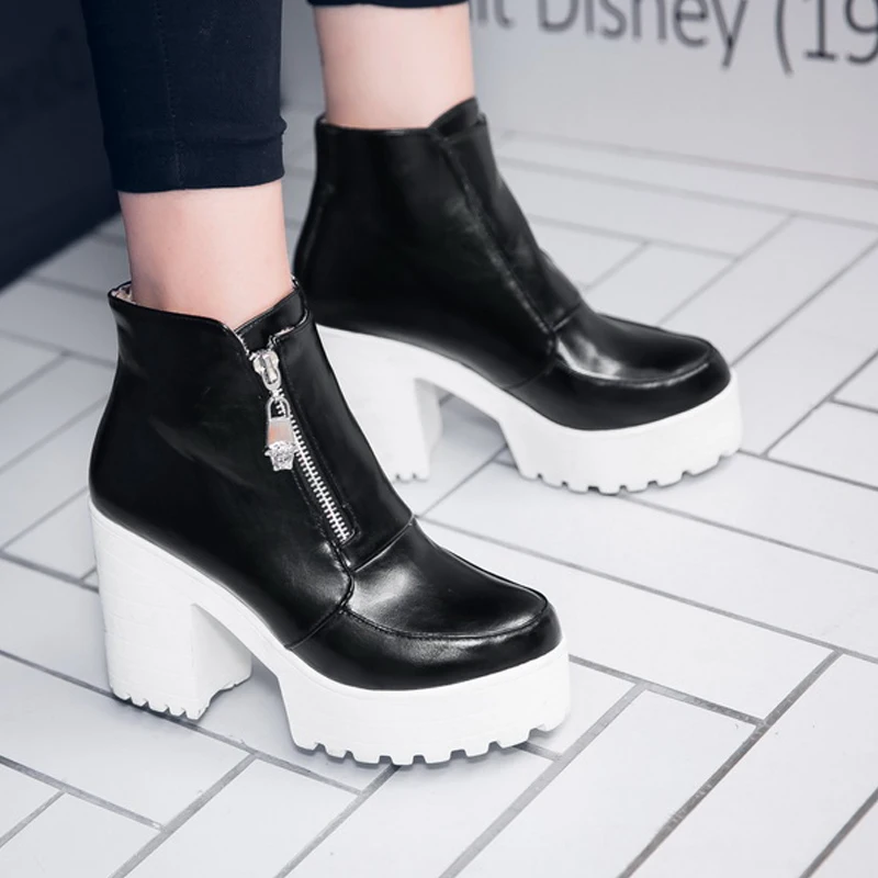 

AIWEIYi Fashion Black White Martin Boots For Women Autumn Winter Soft Leather Platform Shoes Woman Party Ankle Boots High Heels