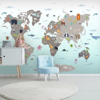 

Custom 3D Wallpaper Cartoon Animal World Map Children Room Wall Mural Kindergarten Boys Room Bedroom Decoration Photo Wallpaper