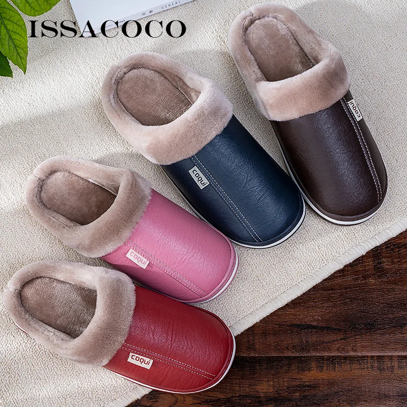 ISSACOCO/мужские тапочки; мужские плюшевые теплые домашние тапочки; пушистые водонепроницаемые тапочки на плоской подошве; кожаные тапочки; мужская обувь