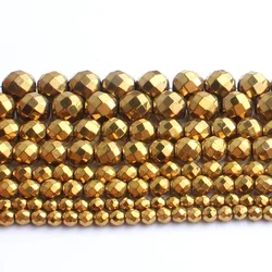 Premium Hematite Rose Gold & Silver Plated Round Beads for Jewelry Making - Assorted Sizes 2 - 12mm, 15 Strand (Faceted Gold)