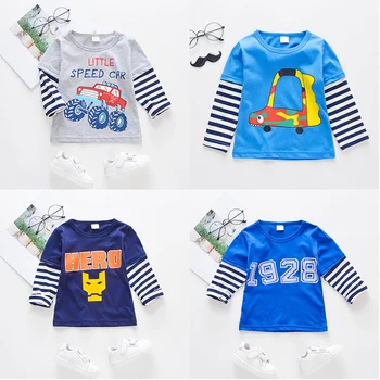 

2020 For 2-8 9 10 Years Children Cotton Striped Color Patchwork Cartoon Animal Baby Kids Boys Long Sleeve Spring Autumn T-Shirt