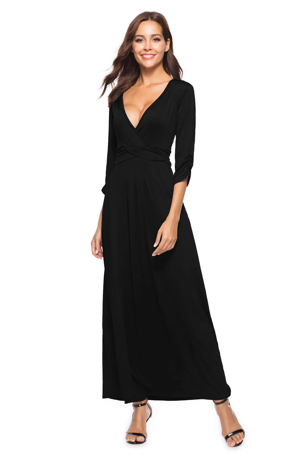 Sexy V neck Solid Black Formal Party Maxi Dress for Winter 3/4 Sleeves Vintage Floor-Length Occation Club Dress Plus Size