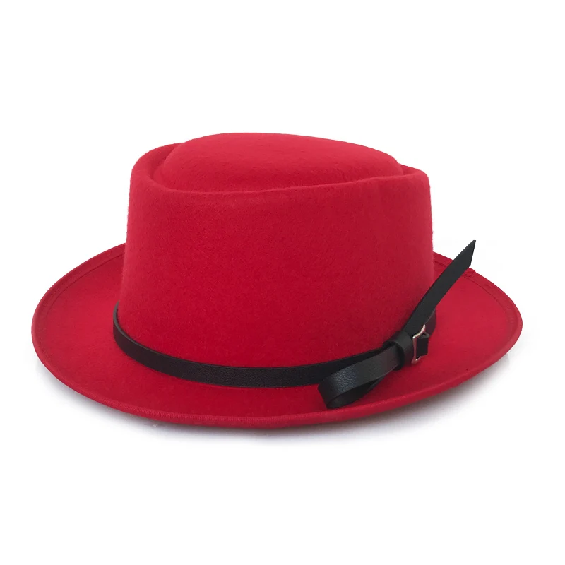 YY Black Bownet пояс Fedora шляпа для мужчин зимняя теплая шляпа новая свиная пирог плоские шляпы Трилби Женская Классическая верхняя шляпка для церкви FD19038 - Цвет: Red Flat Top Hat