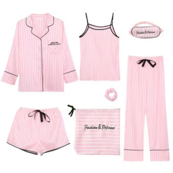 

Pink Women's 7 Pieces Pajamas Sets Emulation Silk Striped Pyjama Women Sleepwear Sets Spring Summer Autumn Homewear