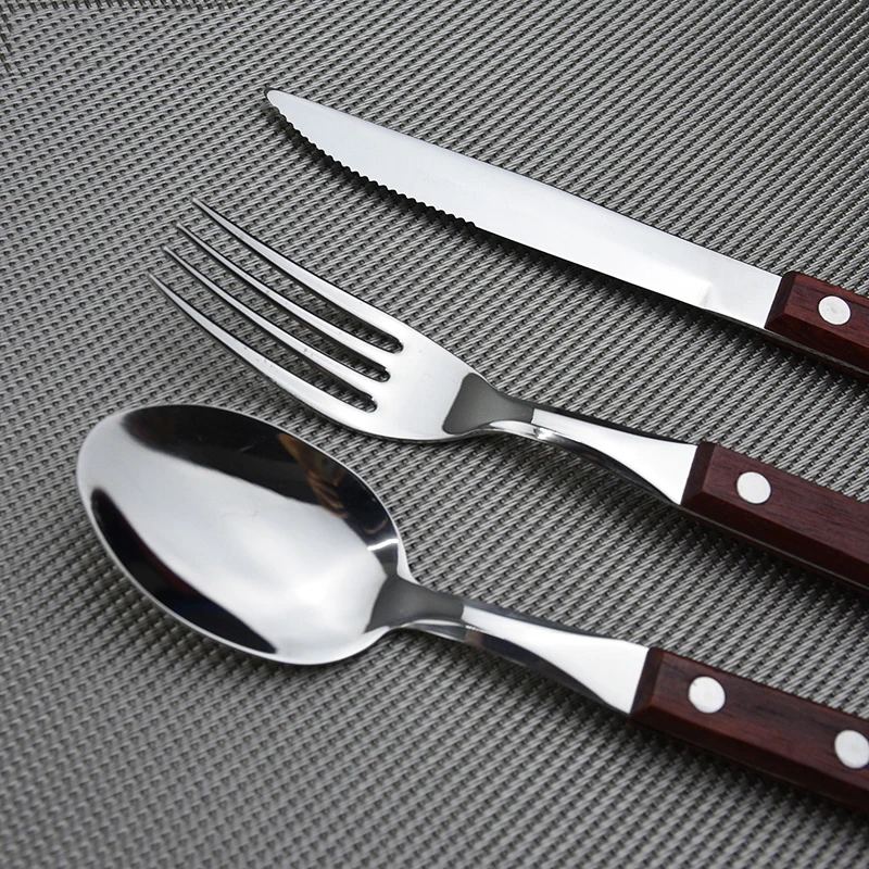 Столовые приборы из нержавеющей стали вилка и стейк-нож ложка Flatware деревянная ручка посуда вечерние ужин походная посуда многоразовые принадлежности