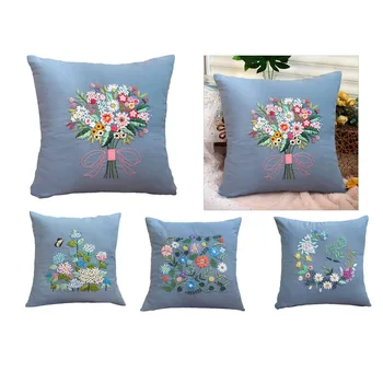 

New 4 Sets Flower Ribbon Embroidery Kits Pillow Cover DIY Home Decor 44x44cm DIY ribbon embroidery starter kits Rural style