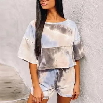 

Fashion Tie-dye Patchwork Two Piece Set Women Loose Tees Women Tracksuit Women Short Pants 2 Piece Set Women