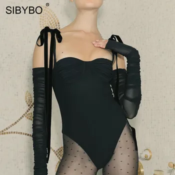 

SIBYBO Spaghetti Strap Mesh Sexy Bodysuit Women Off Shoulder Skinny Summer Women Rompers Backless Beach Wear Women Bodysuit Tops