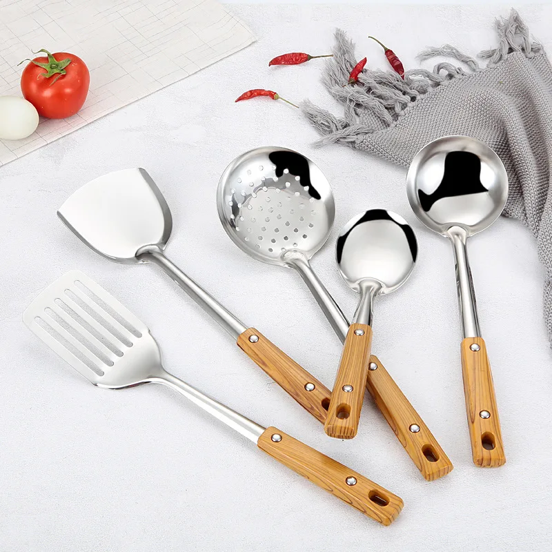 

Jaswehome Kitchen Cooking Utensils Set 5 Piece Wood Grain Plastic of Meal Spoon Spatula Skimmer Ladle Soup Ladle Wok Spatula