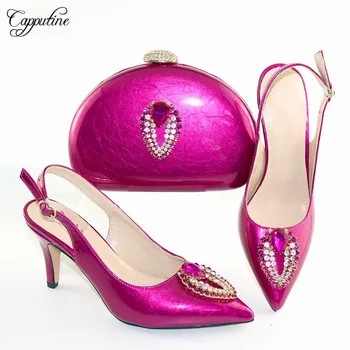 

Wonderful Fuchsia Shoes With Bag Nice Thin Heel Pointed Toe Shoes And Purse Handbag Set For Party CR892, Heel Height 8CM