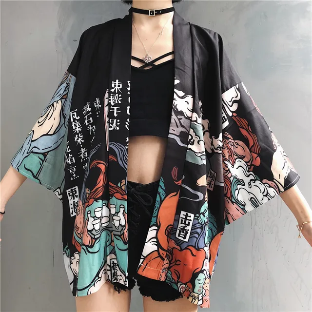 Bebovizi Japanese Style Cat Samurai Kimono Streetwear Men Women Cardigan Japan Harajuku Anime Robe Anime Clothes 2020 Summer 6826-black