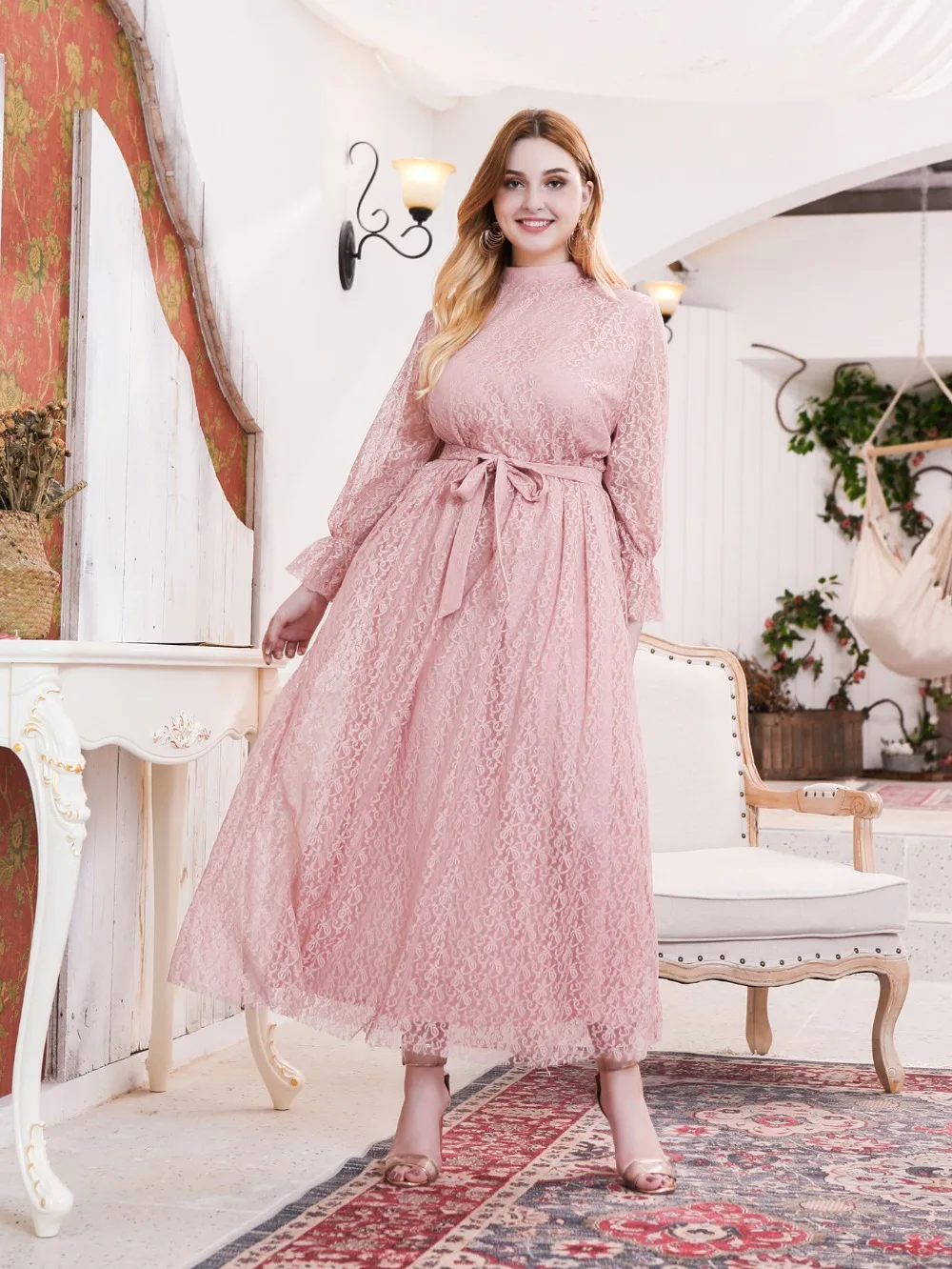Осень зима размера плюс длинное платье для женщин большое свободное повседневное кружевное платье с длинным рукавом и круглым вырезом розовый пояс 4XL 5XL 6XL 7XL