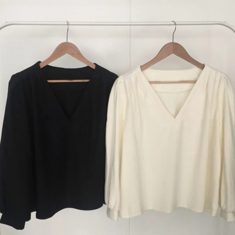 GALCAUR/белые повседневные женские рубашки с v-образным вырезом и длинными рукавами, свободная Корейская рубашка, Женская Осенняя модная новая одежда