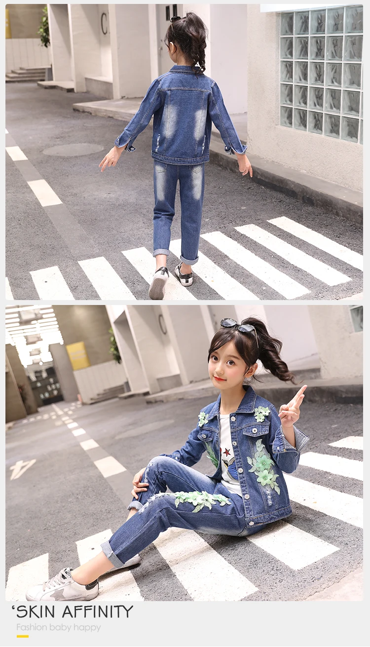 Children Autumn Denim Outfit Fashion Clothing Girls Green Flower Denim Jacket +Jeans Pants Long Sleeve Denim Kids Clothes Set