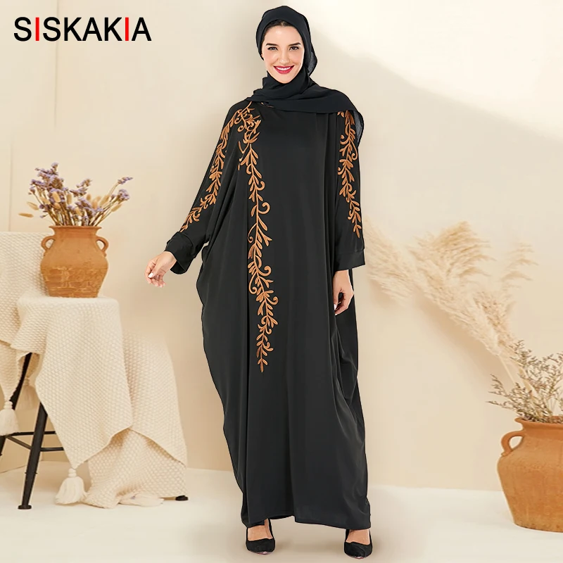 

Siskakia Muslim Women's Abaya Dresses Black Batwing Sleeve Chic Floral Embroidery OverSize Dressing Gowns Female Autumn 2019 New