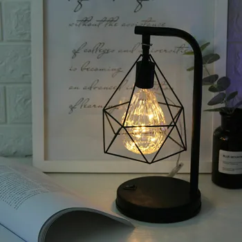 

2019 Retro Battery Powered Geometric Wire Industrial Diamond Shape Iron LED Light Bulb Bed Side Table Desk Lamp