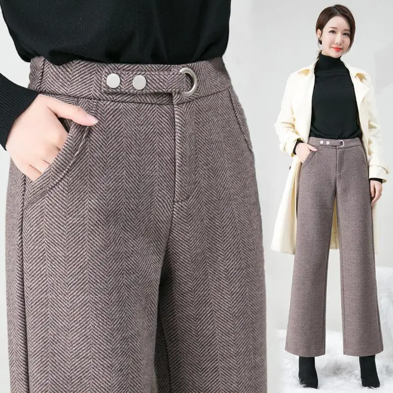 Pattern Woolen Wide Leg Pants Women's Autumn Winter Thick High Waist Straight Loose Casual Pants Simple Commuter Woolen Trousers