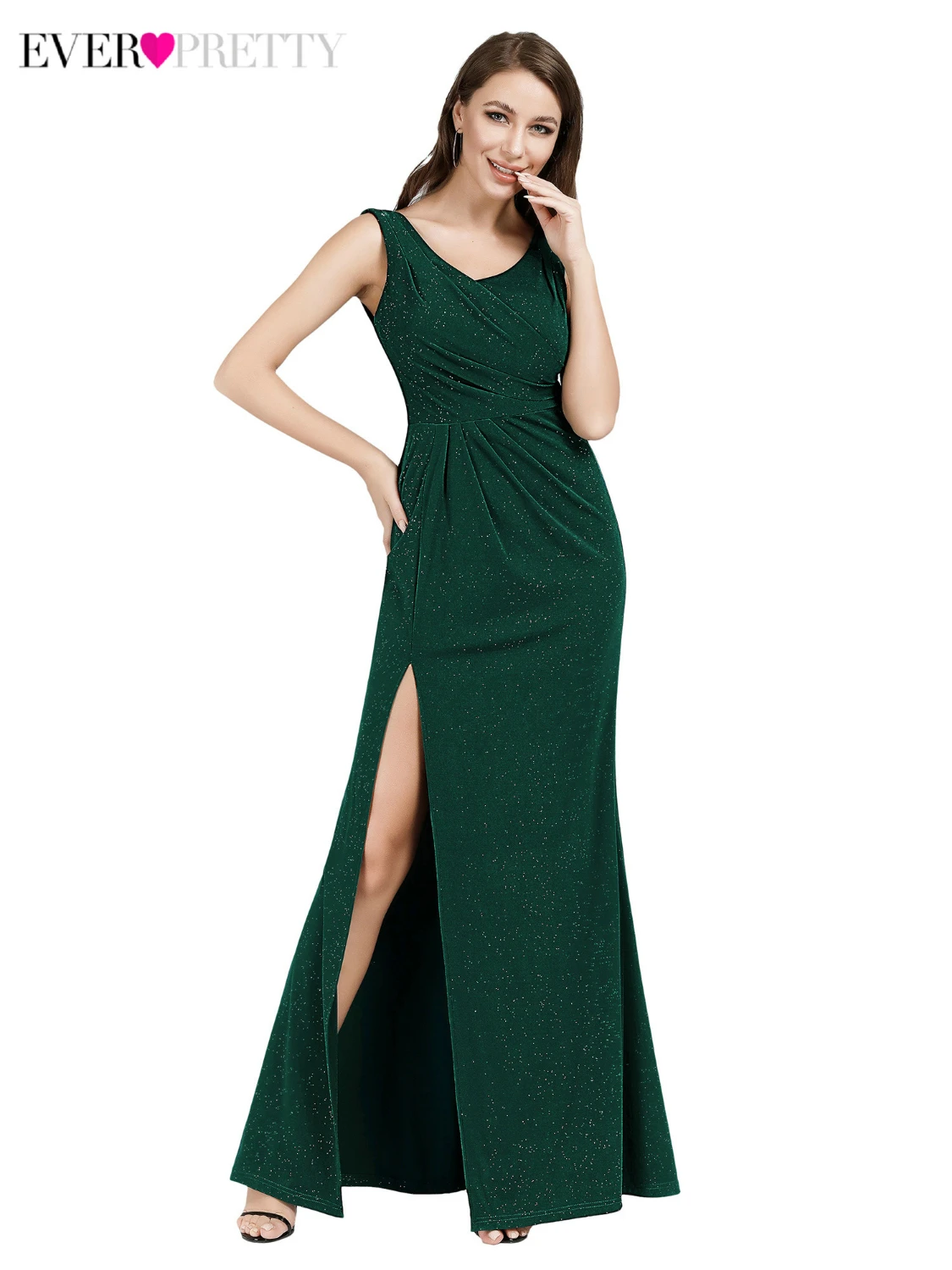 Блестящие вечерние платья русалки для женщин Ever Pretty EP07883DG с v-образным вырезом сбоку сплит Сексуальные темно-зеленые вечерние платья Lange Jurken