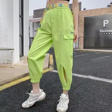 

Summer Woman Pants Thin Fluorescent Green Trousers Women High Waist Belt Wide Leg Pants 7 Colours Simple Side Pockets Design