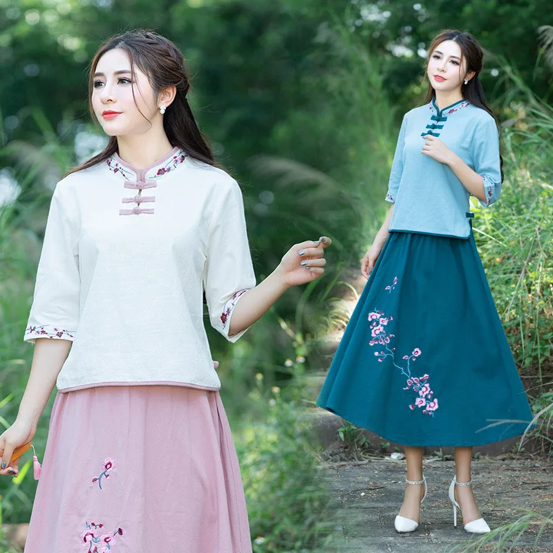 

2019 Spring New Style Ethnic-Style Cotton Linen WOMEN'S Dress Literature And Art Retro Stand Collar Embroider Jacket + Skirt Cas