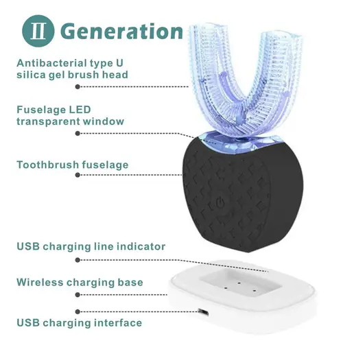 초음파 U자형 지능형 자동 음파 게으른 전동 칫솔, 블루 라이트, USB 충전, 치아 미백, 360 도 5